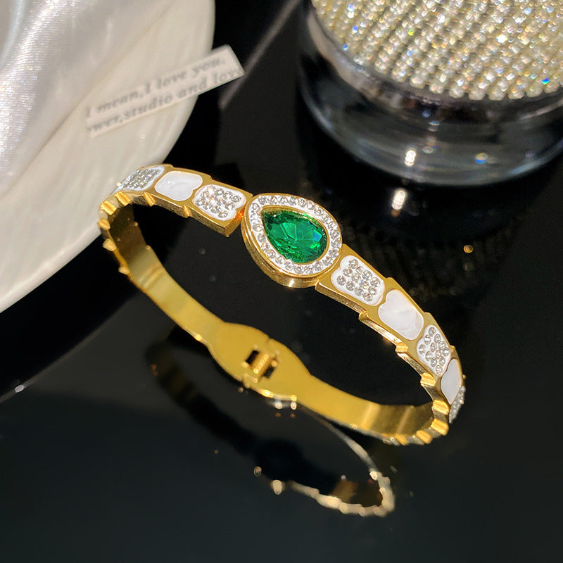Vintage PVD Titanium Steel Teardrop Geometric Bracelet with Green Cubic Zirconia