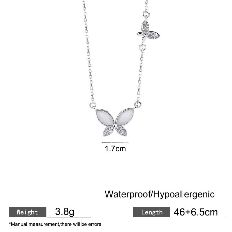 Sweet Butterfly Titanium Steel Necklace with Cubic Zirconia and Cat's Eye Inlay Plated Finish Cable Chain