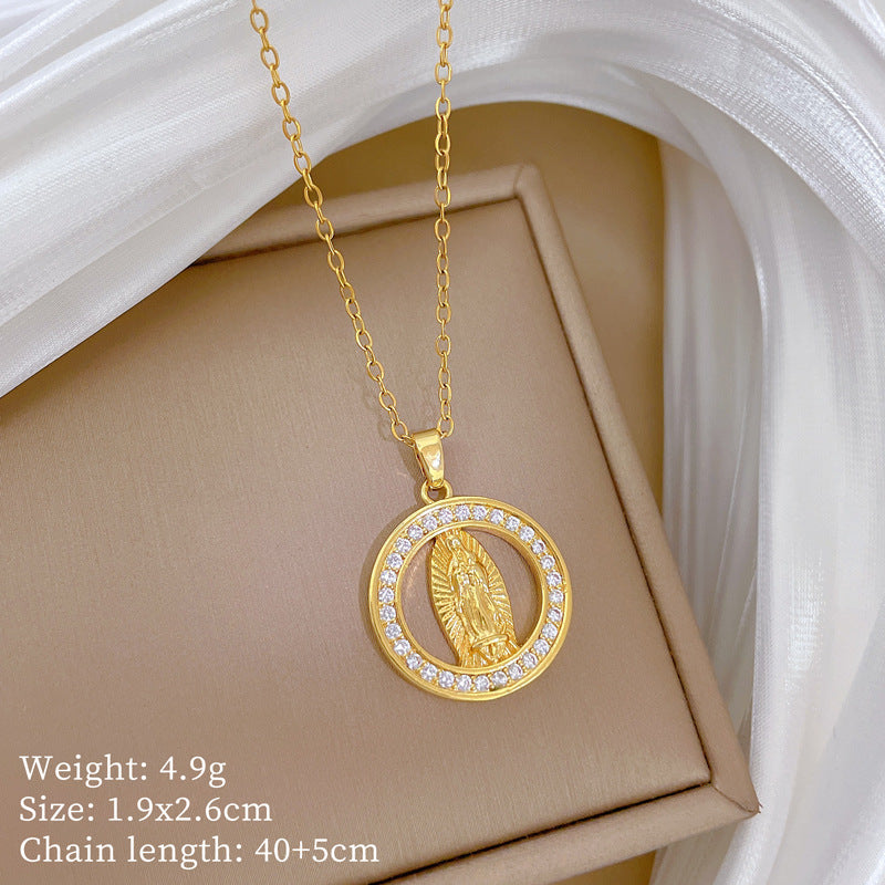 Sweet Round Animal Portrait Rhinestone Pendant Titanium Steel Necklace for Unisex