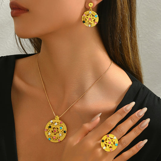 Conjunto de collar y pendientes de aleación con incrustaciones geométricas de diamantes de imitación para mujer, joyería de moda con elementos redondos, ovalados y circulares