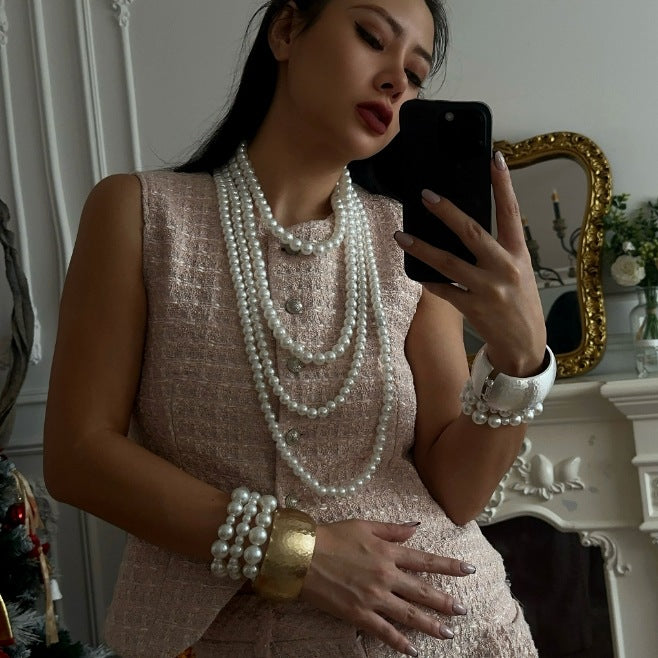 Elegant Multi-Layer Imitation Pearl Beaded Tassel Necklace for Women