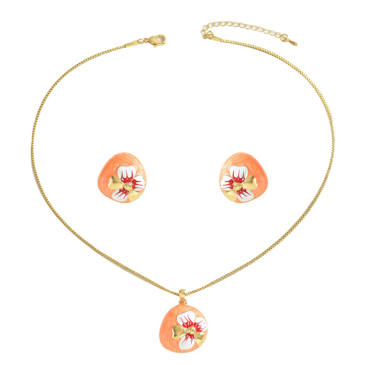 Conjunto de collar con colgante floral dulce natural y pendientes de mujer, cadena con medallón de cobre y diseño de pétalos con acabado al óleo