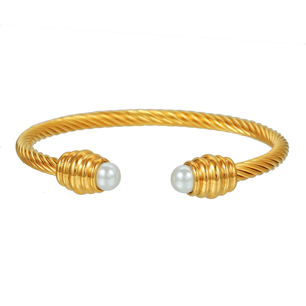 Fashion Two-Tone Geometric Round Twisted Rope Cuff Bracelet Titanium Steel Adjustable Open Bangle for Women and Men