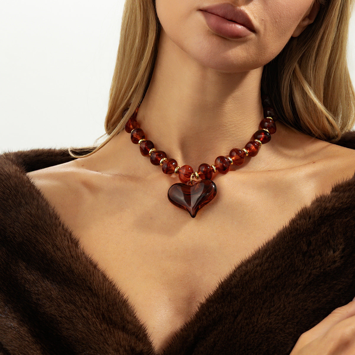 Vintage Ethnic Geometric Heart Alloy Pendant Resin Plated Necklace for Women