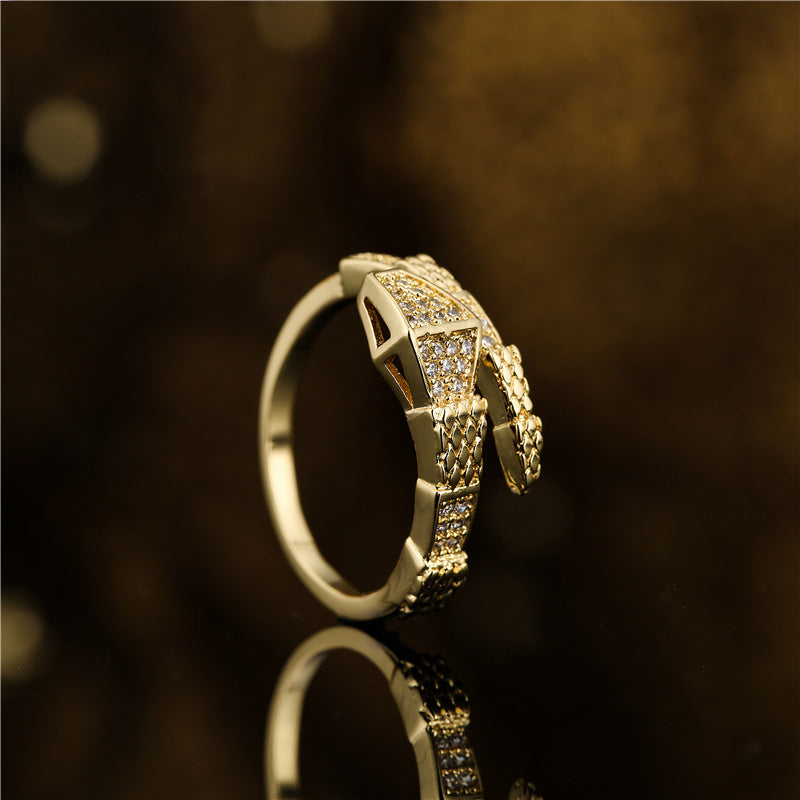 Vintage Bamboo-Style Open Ring with AAA Zirconia Micro-Pavé Setting in Copper Plated with 18K Gold for Women