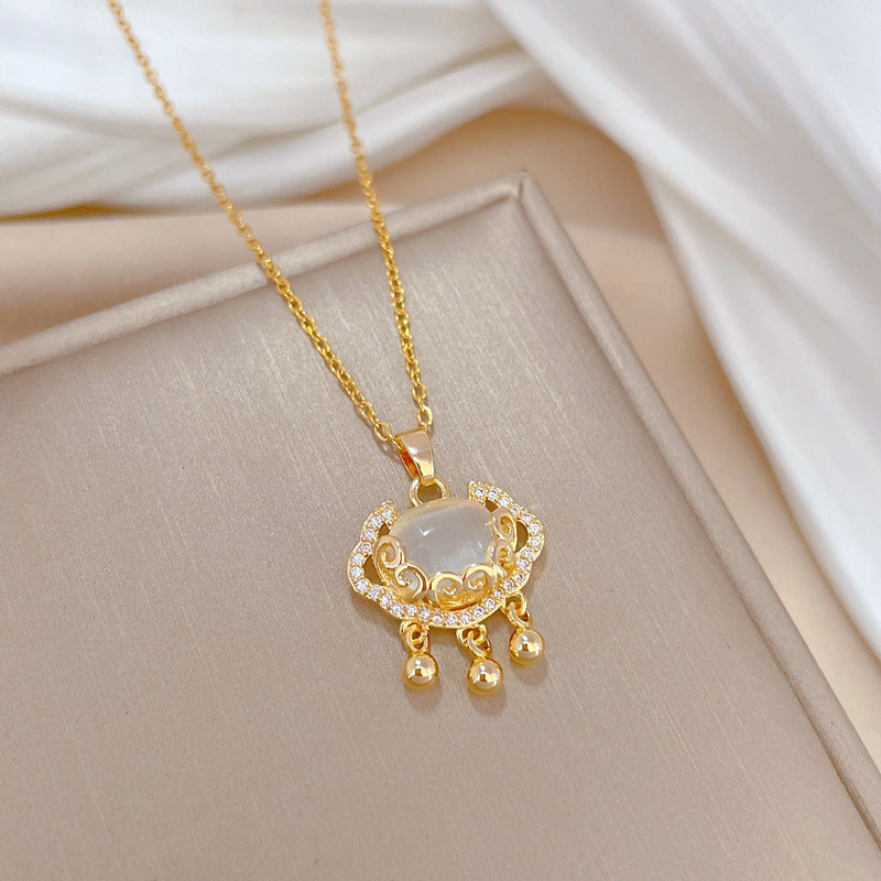 Luxury Minimalist Titanium Steel Geometric Longevity Lock Necklace with Cloud and Ruyi Motifs