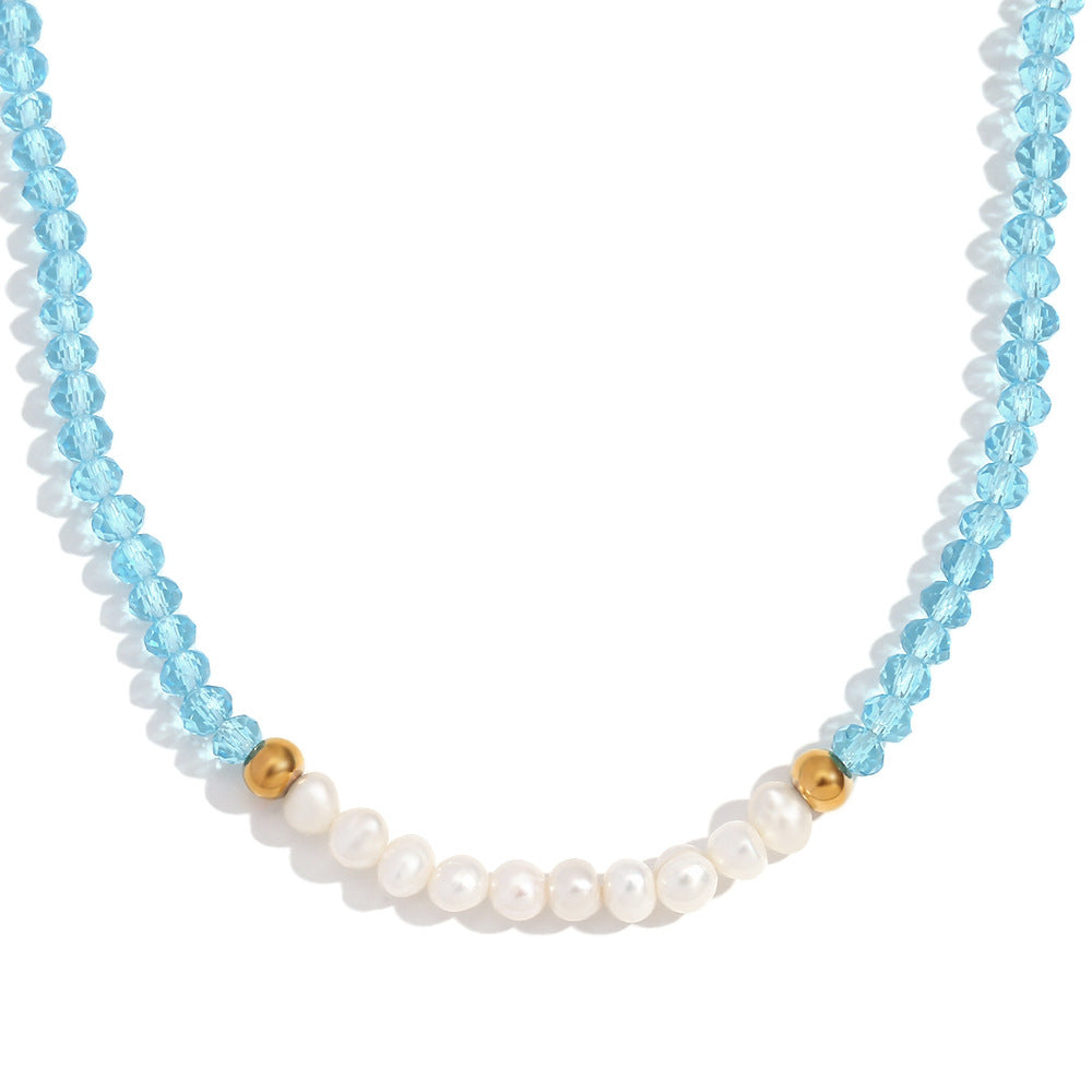 Vintage Style Geometric Pendant Necklace for Women with Stainless Steel Chain, Titanium Steel Pendant, Plated Finish, Freshwater Pearl and Blue Faceted Crystal Accents