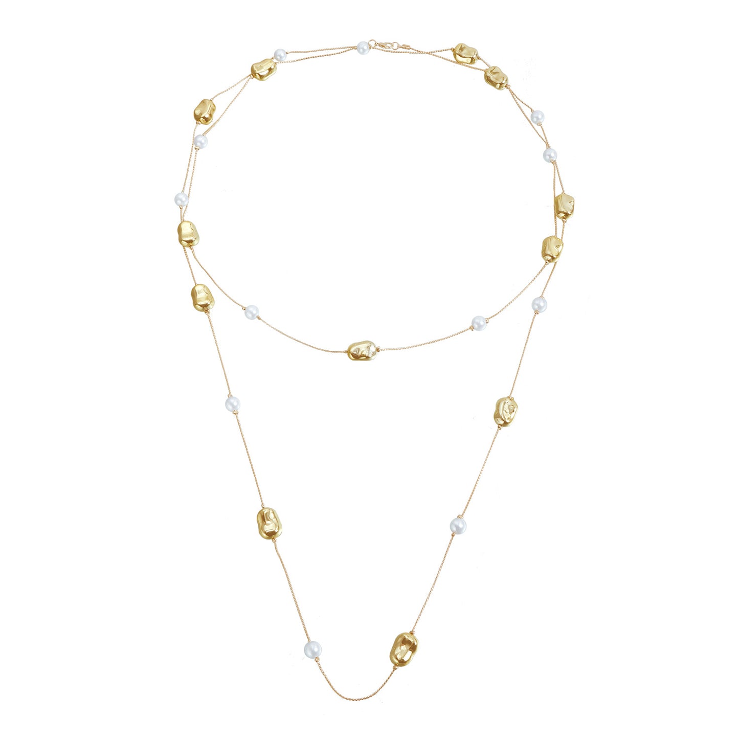 Casual Irregular Geometric Gold Bean Pearl Plated Alloy Multi-layer Long Necklace for Women