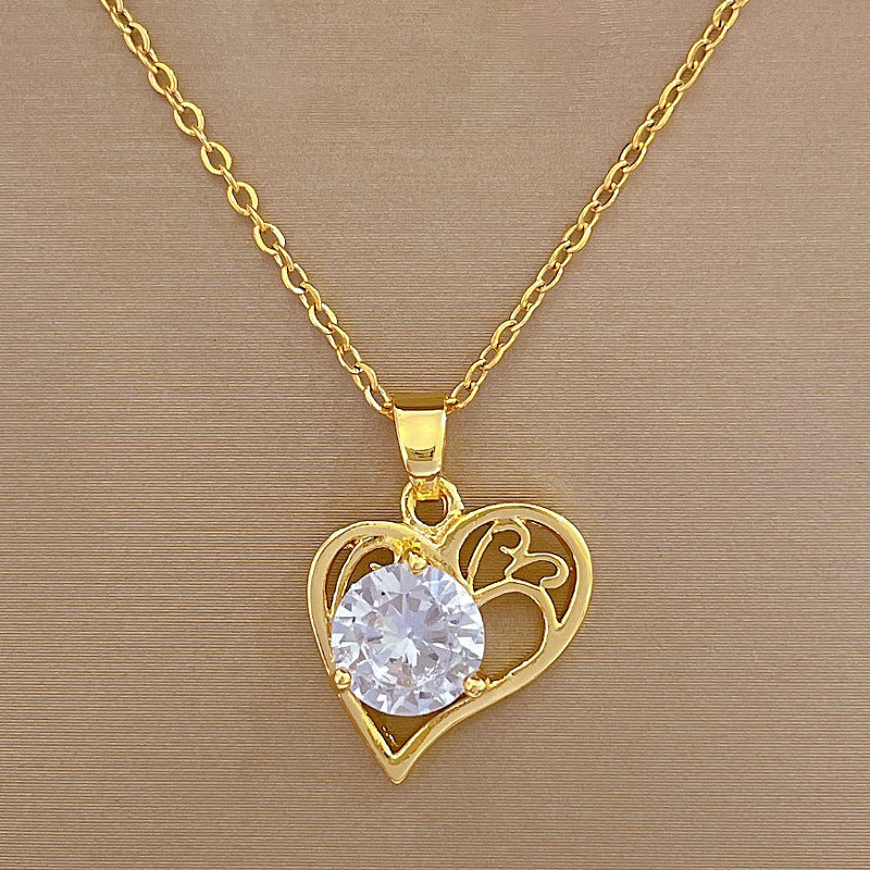 Exclusivo collar de circonitas con forma de corazón de acero de titanio para mujer con delicada cadena de clavícula y diseño geométrico