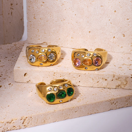 Anello aperto regolabile vintage in acciaio inossidabile con intarsio di strass colorati e placcatura in oro 18 carati, gioiello geometrico minimalista