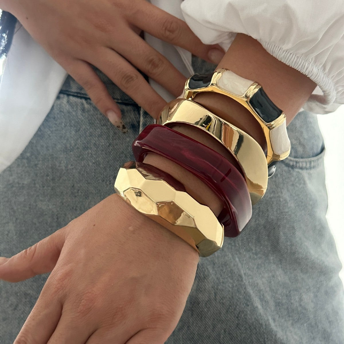Vintage Enamel Drip Oil Plated Geometric Wave Bamboo Joint Open Cuff Bracelet for Women