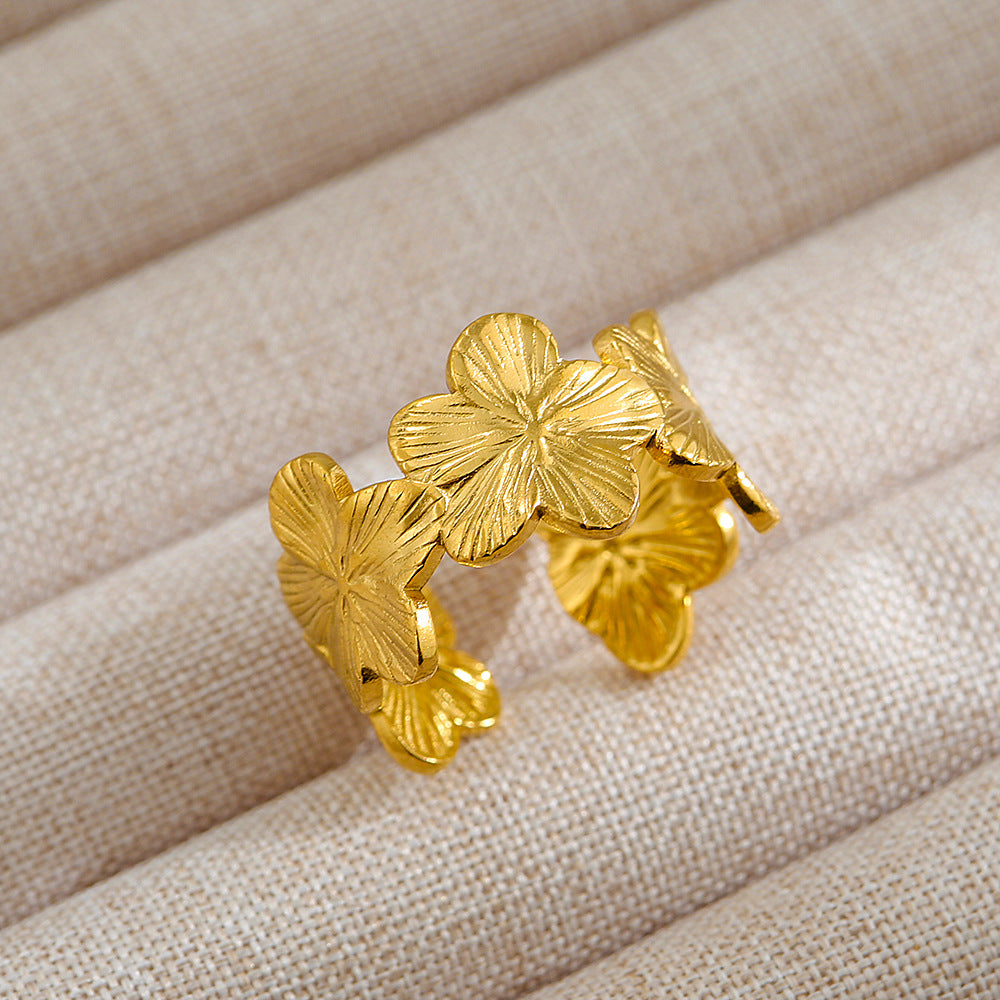Anillo de Acero Titanio en Forma de U Geométrico Estilo Punk con Baño de Oro de 18K y Piedra Ovalada de Lava Micro-Pavé