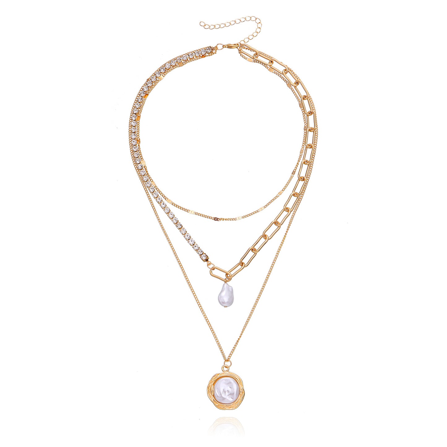 Geometric Pendant Necklace for Women with Alloy Pendant and Rhinestone Accents, Electroplated Multi-Layer Clavicle Chain in Natural and Minimalist Style