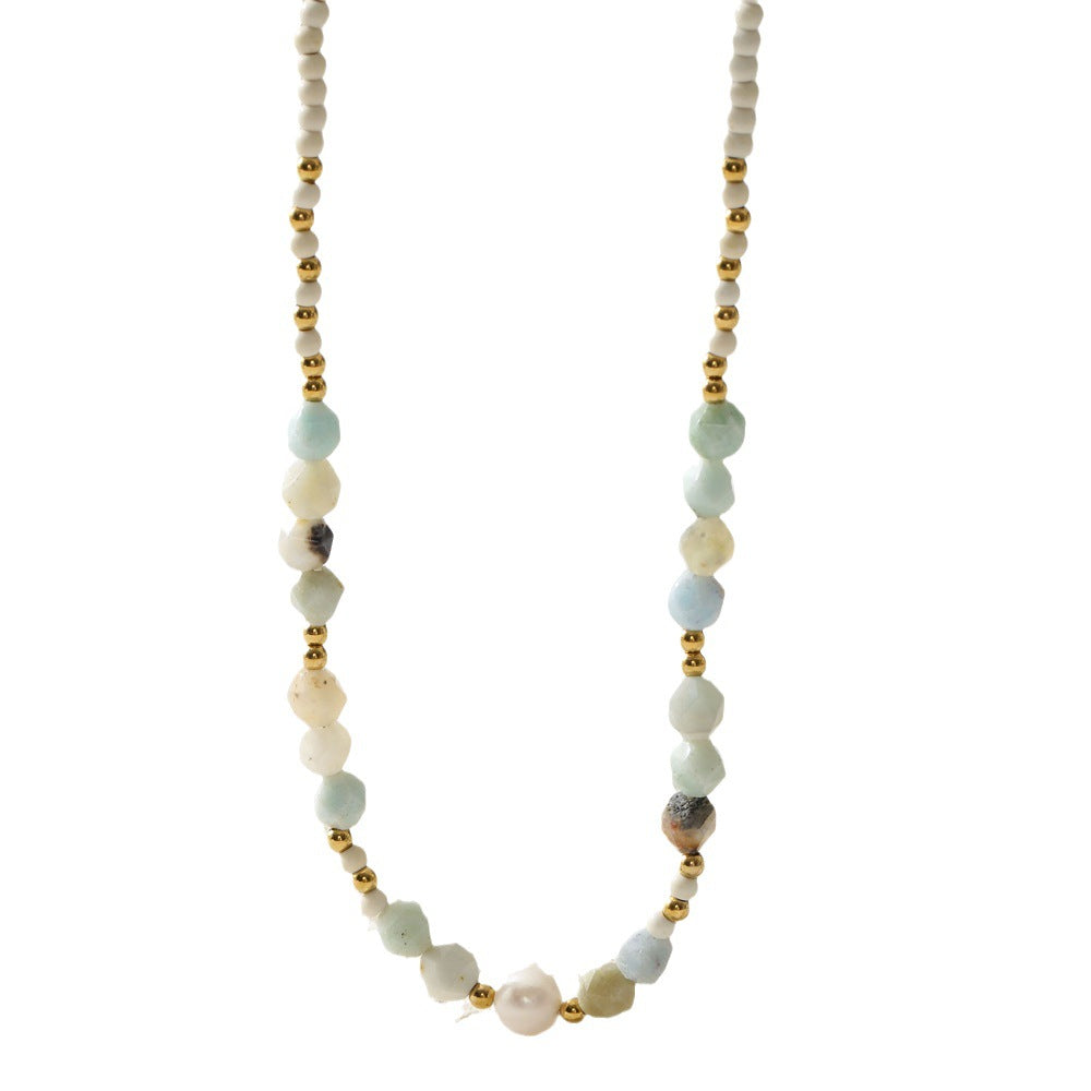Minimalist Geometric Titanium Steel Beaded Necklace for Women with Red Jasper Sunstone Amazonite Natural Pearls