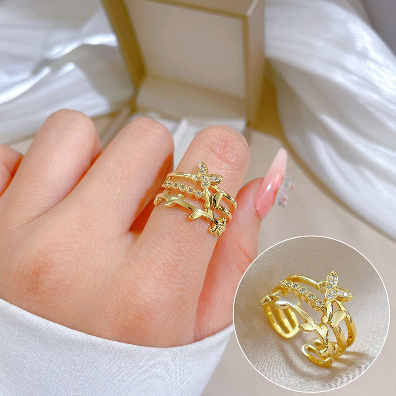 Luxury Minimalist Plated Brass Crown Rhinestone Adjustable Ring for Women