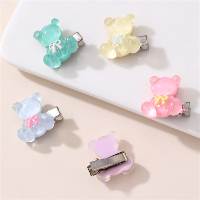 Cute Bear-Shaped Hair Clip for Kids with Bow Design in Jelly Color Floral Pattern Made of Plastic Resin Handcrafted for Children Ages 3 to 10