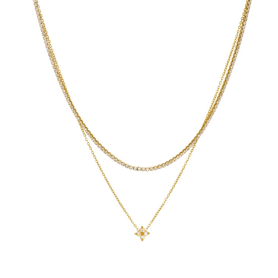 Minimalist Luxury Gold Plated Stainless Steel Floral Rhinestone Layered Necklace for Women