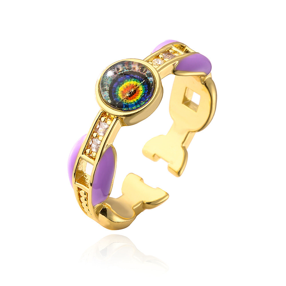 Minimalist Geometric Eye-Shaped Copper Ring with 18K Gold Plating and Enamel Finish for Women