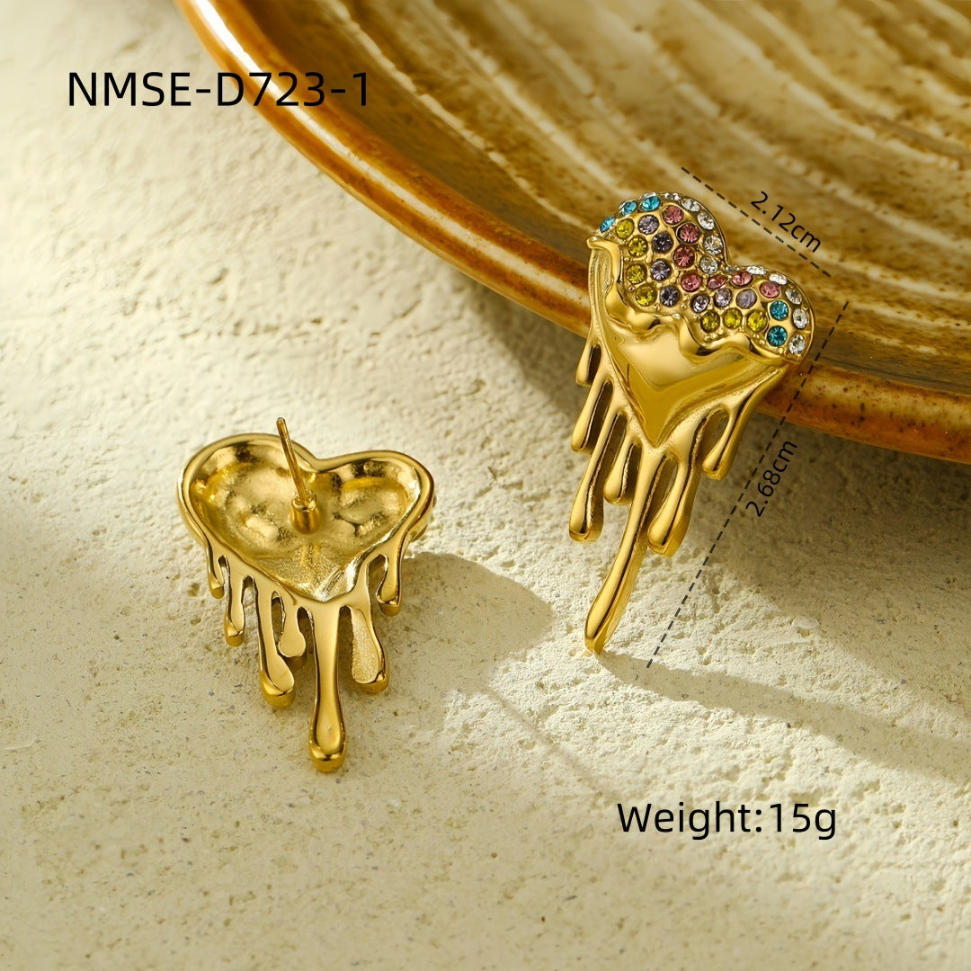 Luxury Style Heart and Teardrop Shaped Titanium Steel Earrings with Rhinestone Inlay and Plated Finish