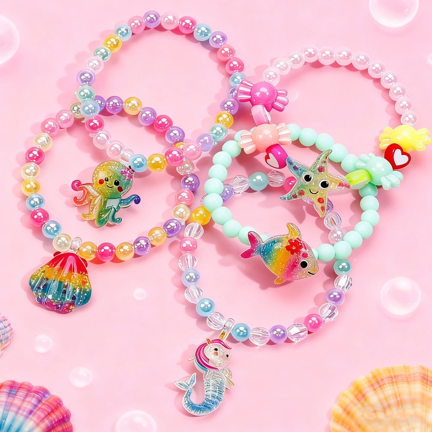 Cartoon Ocean Animal Children's Bracelet Set for Girls Featuring Resin Material and Handmade Craftsmanship