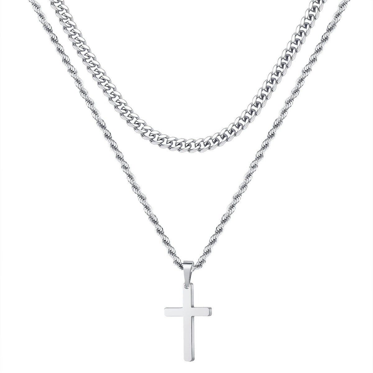 Geometric Cross Pendant Necklace in Stainless Steel with Gold Plating for Men and Women, Cuban Chain Style