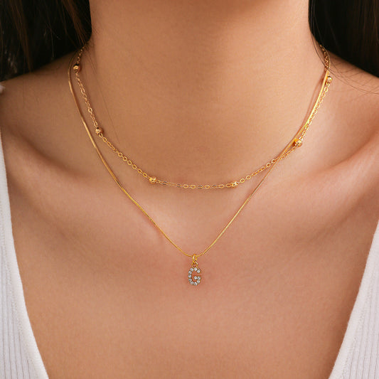 Minimalist Rhinestone Inlaid Letter Alloy Pendant Double Layer Snake Chain Necklace for Women