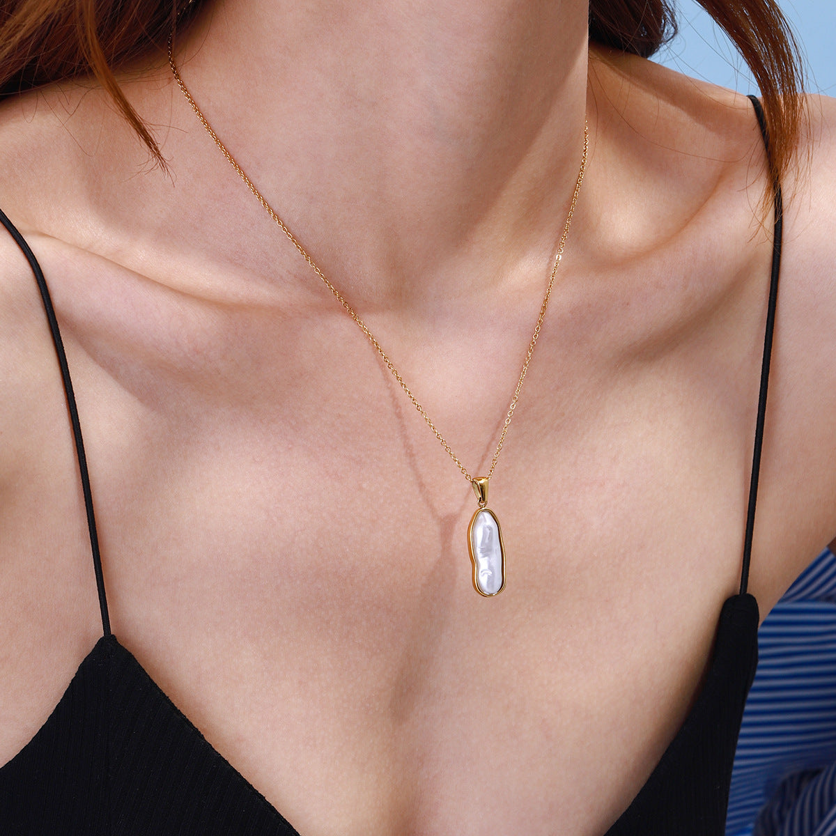 Elegant 18K Gold Plated Geometric Titanium Steel Pearl Necklace for Women