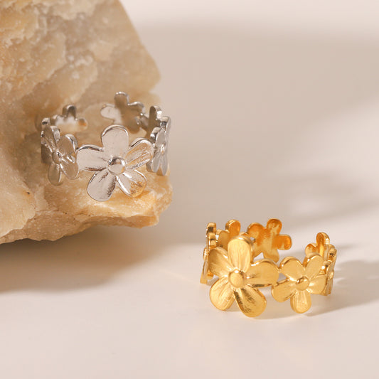 Minimalist Floral Titanium Steel Open Ring for Women with 18K Gold Plating, Geometric Flower Design