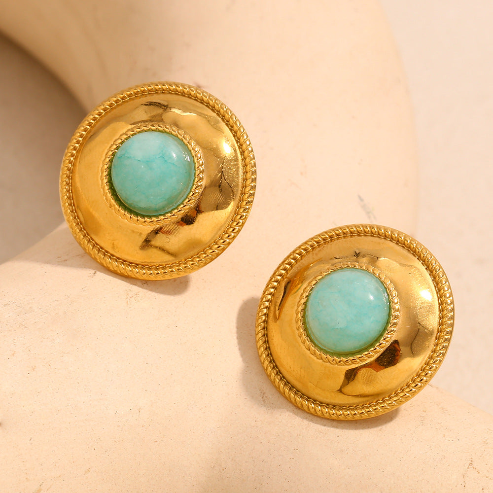 Orecchini a perno da donna in acciaio inossidabile placcato oro 18 carati con motivo geometrico francese vintage e amazzonite tonda