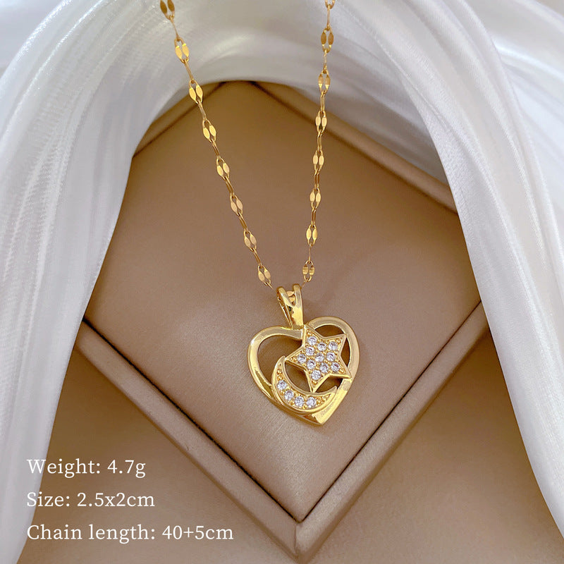 Sweet Elegant Heart Moon Star Geometric Rhinestone Plated Titanium Steel Necklace for Unisex