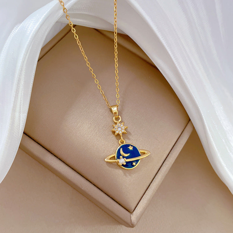 Luxury Sweet Galaxy Planet Pendant Necklace Titanium Steel Chain Rhinestone Inlay Geometric Design