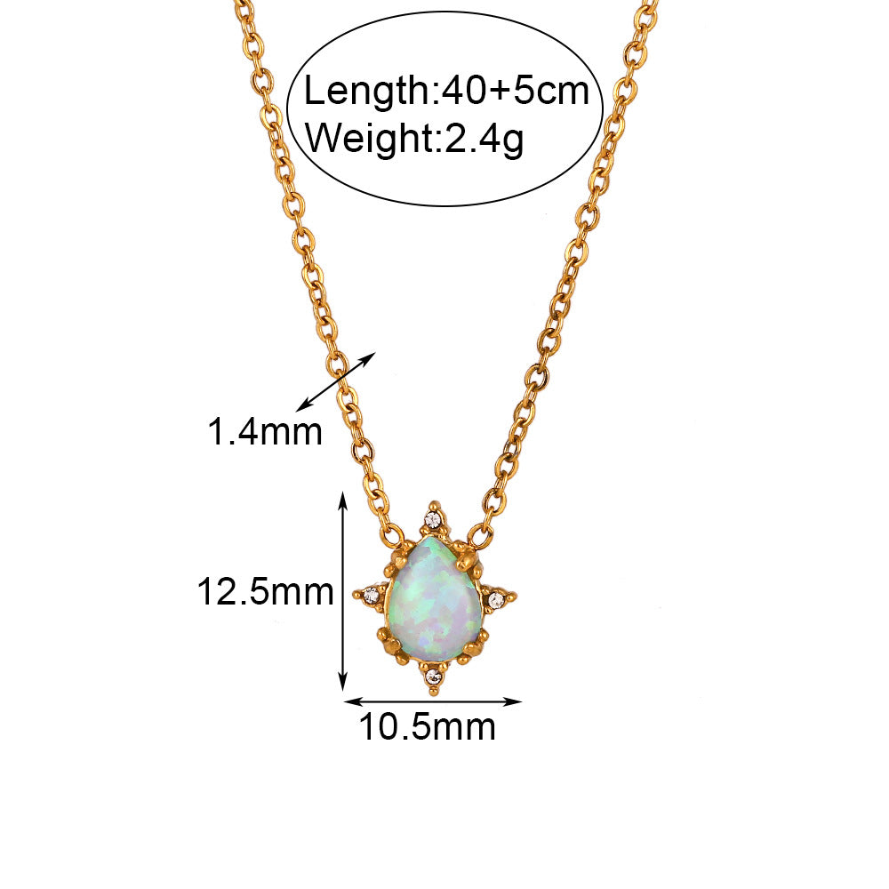 Fashionable Vintage-Style Geometric Drop-Shaped Opal Pendant Necklace with Gold-Plated Stainless Steel Chain for Women