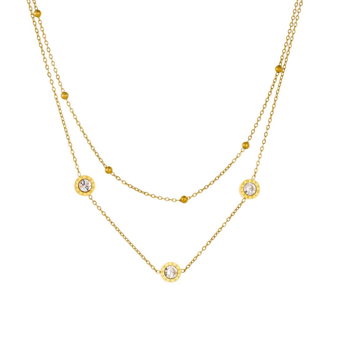 Minimalist Rhinestone Inlaid Roman Letter Round Stainless Steel Pendant Necklace for Women