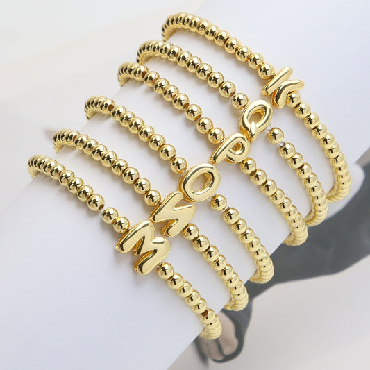 18K Gold Plated Brass Letter Hematite Bead Stretch Bracelet for Women