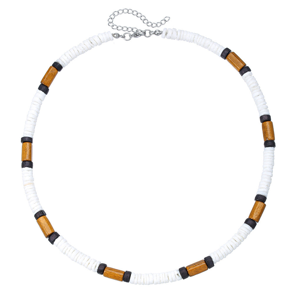 Bohemian Geometric Round Wood Coconut Shell Resin Inlaid Stainless Steel Ball Chain Necklace for Unisex