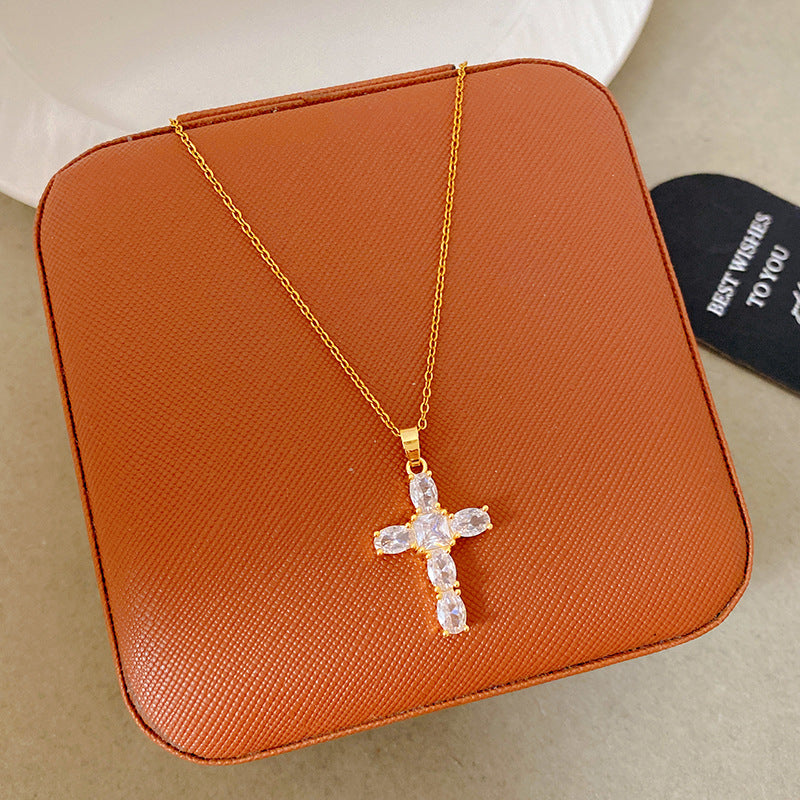 Sporty Sweet 18K Gold Plated Cross Titanium Steel Necklace with Cubic Zirconia for Women