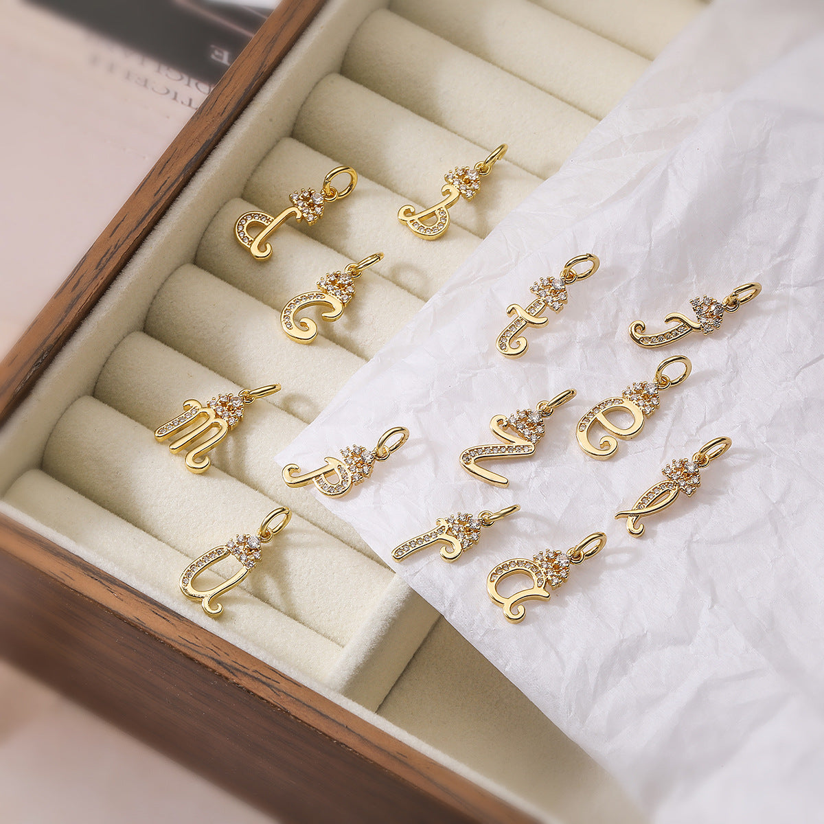 Minimalist 18K Gold Plated Brass Letter Cubic Zirconia Inlay Charm Bar