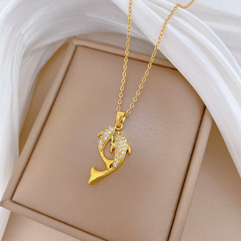 Sweet Minimalist Rhinestone Paved Dolphin Titanium Steel Necklace for Unisex