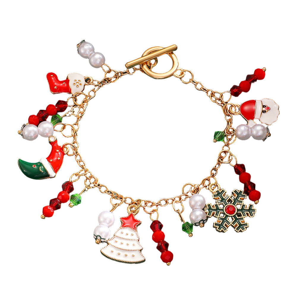 Braccialetto con ciondoli albero di Natale, Babbo Natale, renne e fiocchi di neve, stile neutro, per donna, con base in lega e finitura in smalto