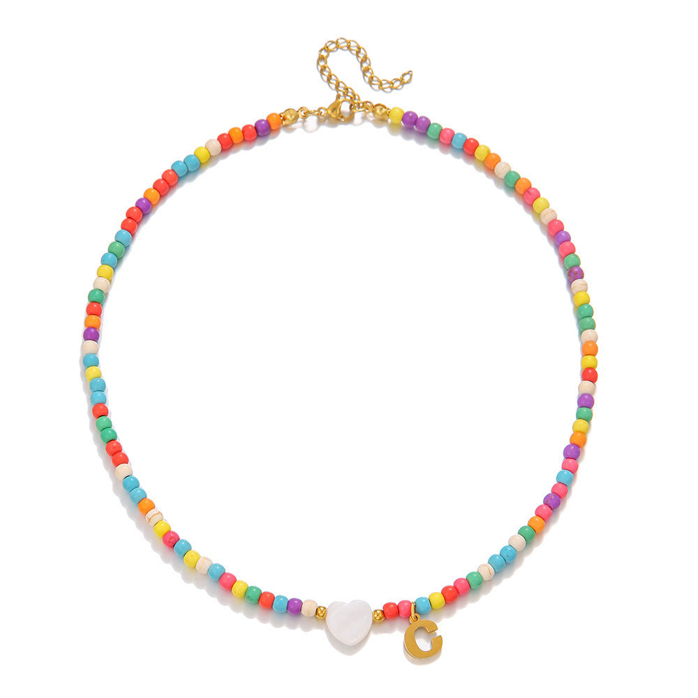 Fashion Stainless Steel Letter Heart Turquoise Charm Bar Necklace Cable Chain Unisex