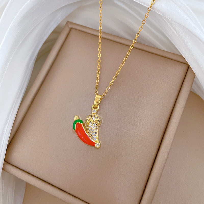 Sweet Elegant Geometric Vegetable Chili Drip Oil Rhinestone Pendant Necklace Titanium Steel Cable Chain for Unisex