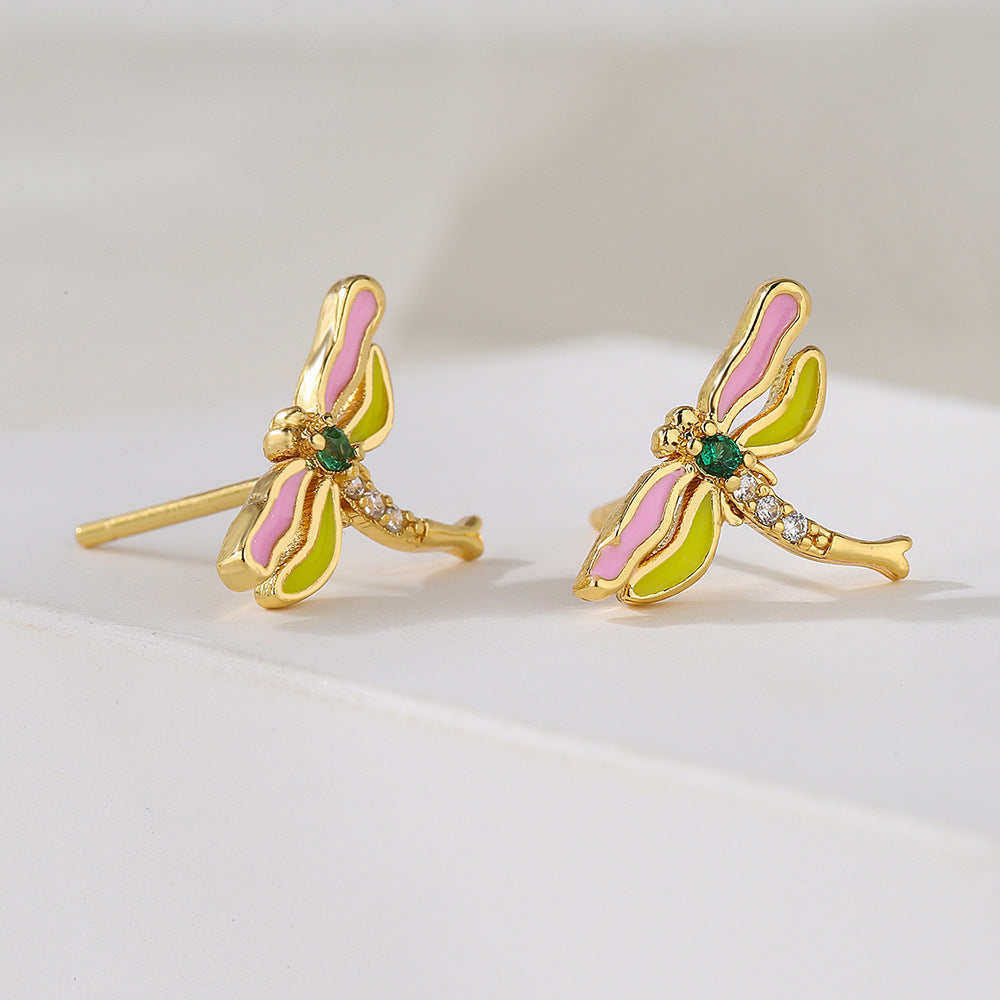Minimalist Butterfly and Dragonfly Stud Earrings in Copper with 18K Gold Plating and Enamel Finish for Women