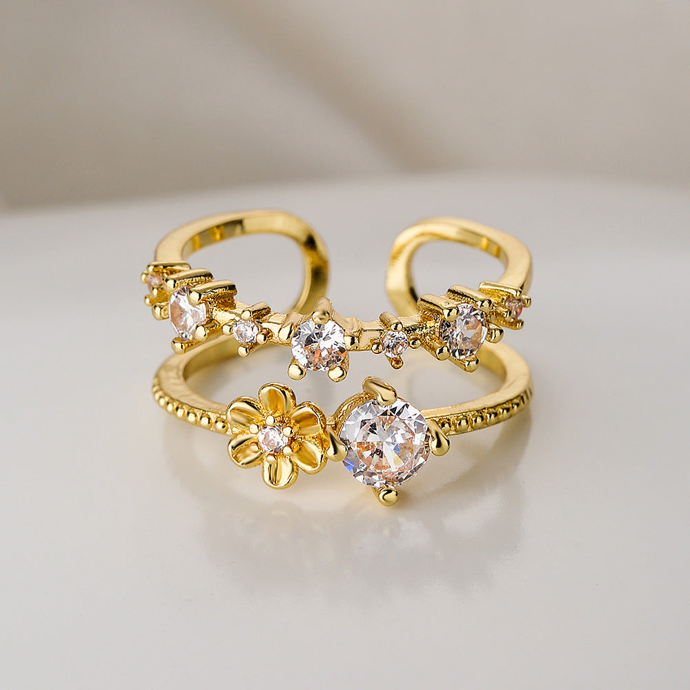 Anello Aperto Geometrico da Donna in Rame con Placcatura Oro 18K e Intarsio di Zirconi, Gioiello da Mano Irregolare e di Tendenza