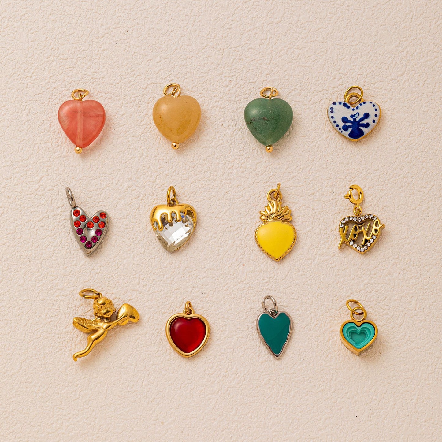Vintage Gradient Heart Rhinestone Plated Stainless Steel Charm Bar Pendant