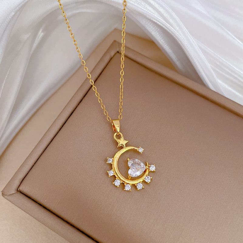 Minimalist Moon Star Heart Geometric Pendant Necklace for Women Stainless Steel Snake Chain with Full Rhinestone Accents