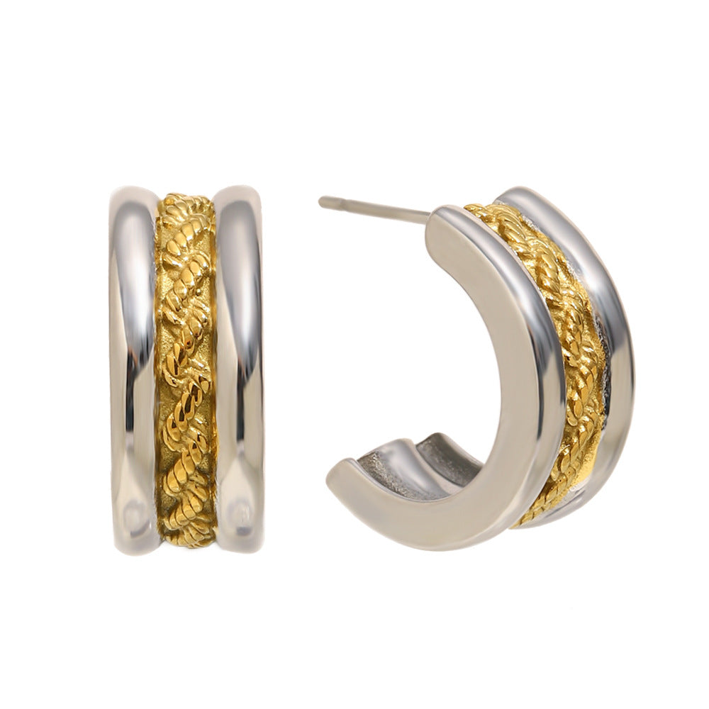 Elegant Luxury-Style Geometric C-Shaped Twisted Hoop Earrings for Women in Stainless Steel with 18K Gold Plating