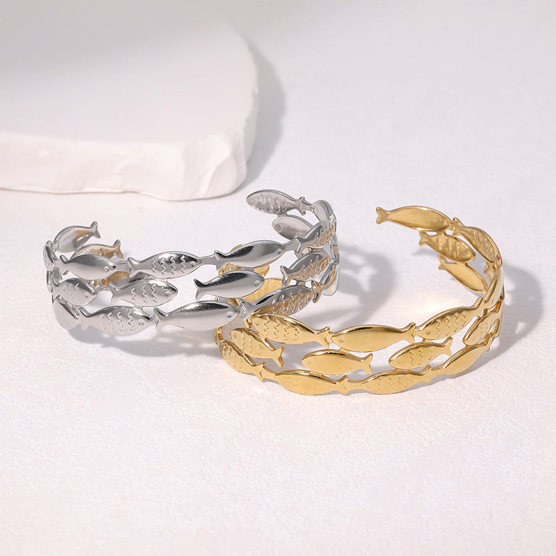 Bracciale Minimalista da Donna in Acciaio Inossidabile a Forma di Pesce, Placcato Oro 18K, in Acciaio al Titanio