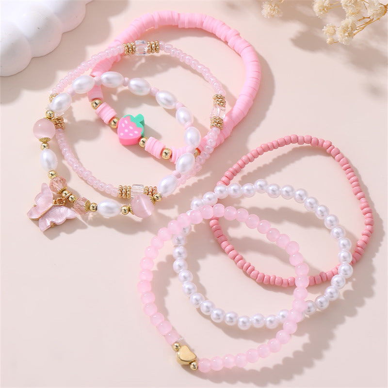 Juego de Pulseras Infantiles Hechas a Mano con Dijes de Mariposa y Fresa, Cuentas de Resina y Acentos de Cristal Blanco Estilo Princesa para Niñas de 6 a 10 Años
