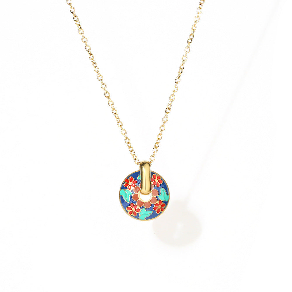 Minimalist Floral Geometric Pendant Necklace for Women in Titanium Steel with Enamel Finish