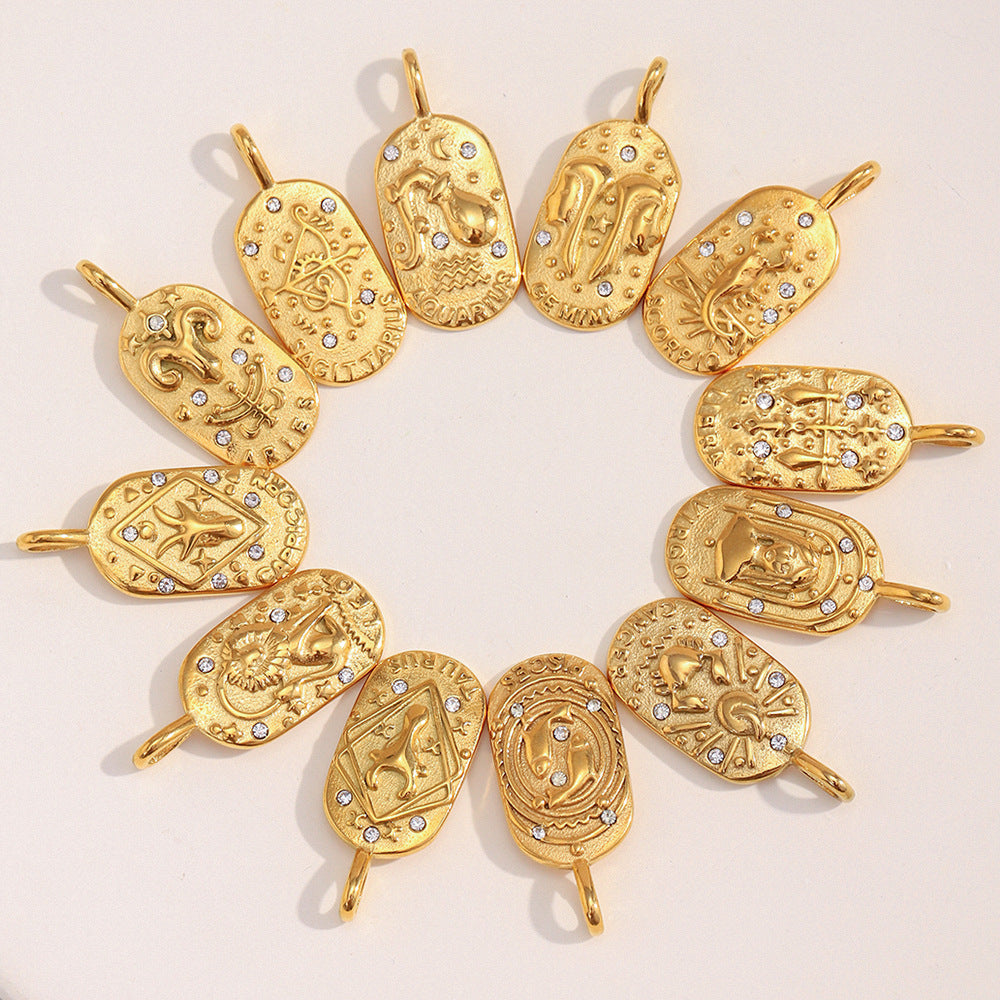 Ciondolo a barra vintage quadrato in acciaio inossidabile placcato oro 18K con segno zodiacale